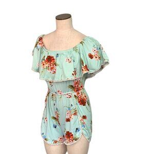 Very Soft Ruffle Off Shoulder Floral Romper Lace Ball Trim Multicolor S/M 203G